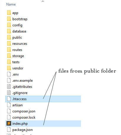 Laravel and PHPMailer move index and htaccess to project main folder