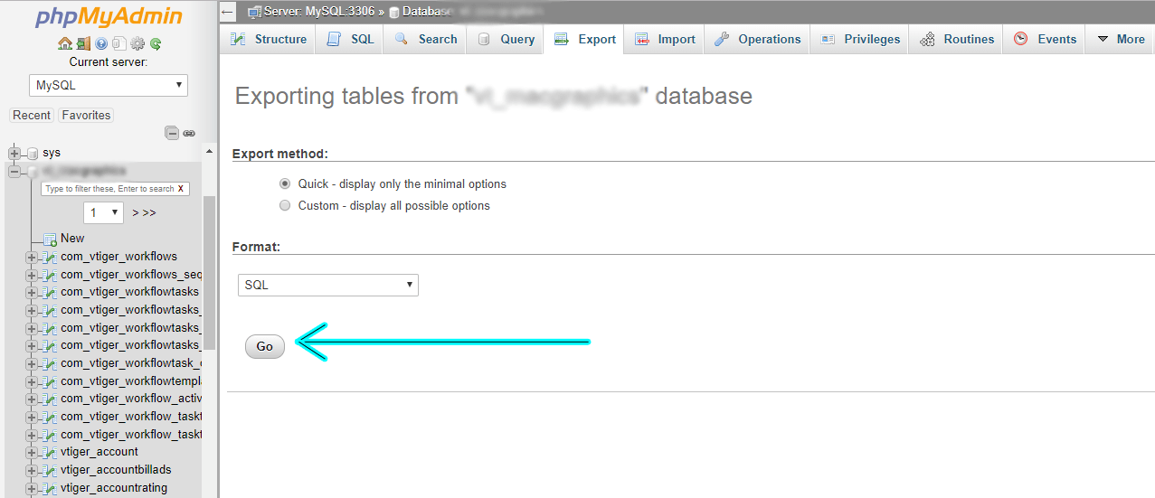 VTiger backup database using phpmyadmin