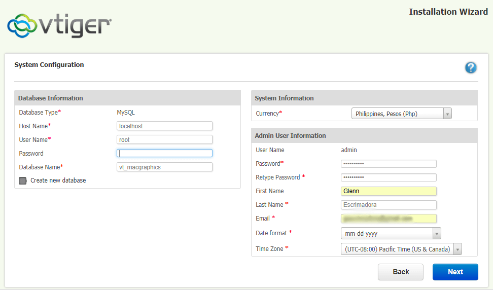Vtiger installation wizard system configuration