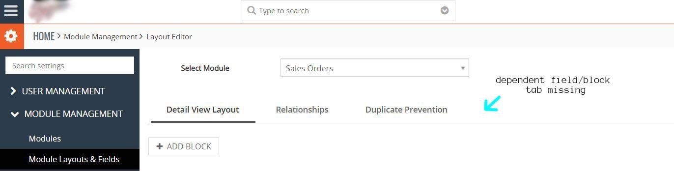 vtiger dynamic fields settings crm settings module management module layouts and fields dependent field or block tab missing