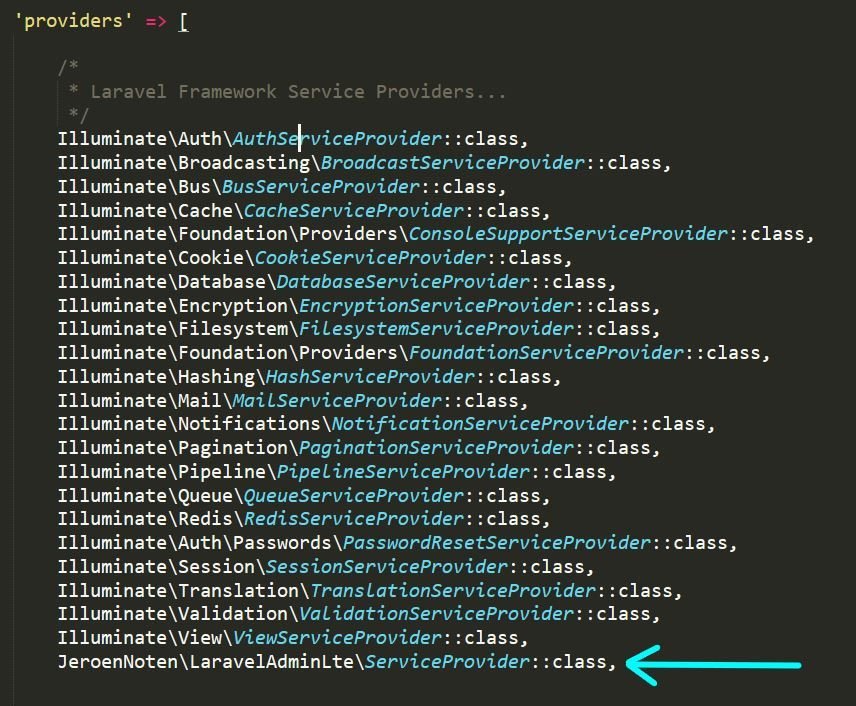 integrate adminlte in laravel config-app.php add providers