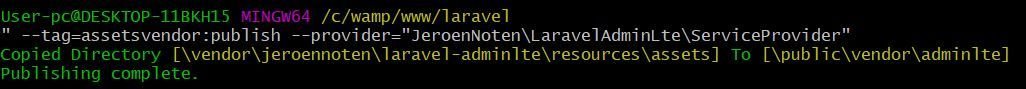 integrate adminlte in laravel php artisan vendor publish --provider=JeroenNoten-LaravelAdminLte-ServiceProvider --tag=assets