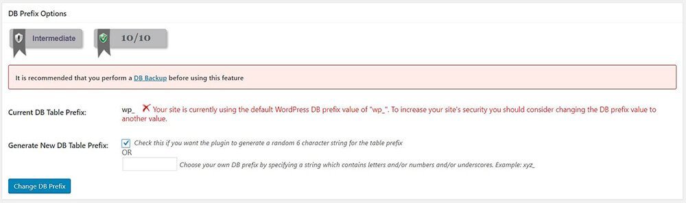All In One WP Security & Firewall - Database Security - DB Prefix - DB Prefix Options - Change DB Prefix