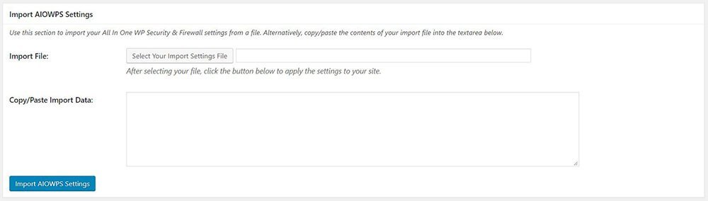 All In One WP Security & Firewall - Settings - Import Export - Import AIOWPS Settings