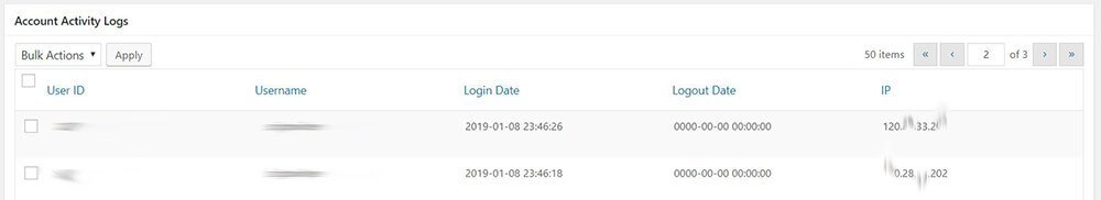 All In One WP Security & Firewall - User Login - Account Activity Logs