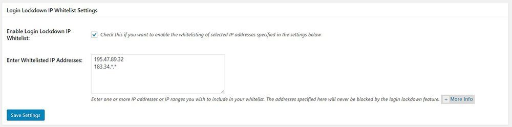 All In One WP Security & Firewall - User Login - Login Lockdown - Login Lockdown Configuration - Login Lockdown IP Whitelist Settings