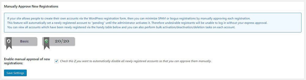 All In One WP Security & Firewall - User Registration - Manual Approval - Manually Approve New Registrations