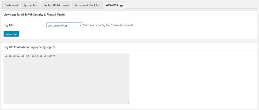 All In One WP Security & Firewall - dashboard - AIOWPS Logs