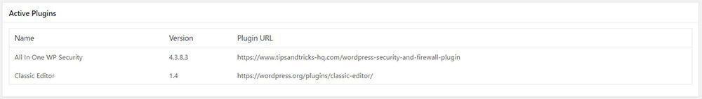 All In One WP Security & Firewall - system info - active plugins
