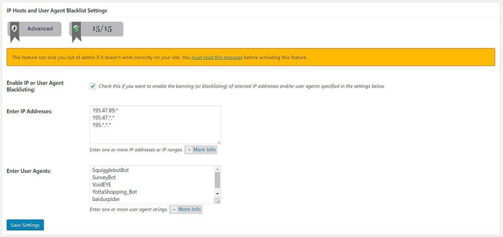 All In One WP Security & Firewall - Blacklist Manager - IP Host and User Agent Blacklist Settings - Enable IP or User Agent Blacklisting