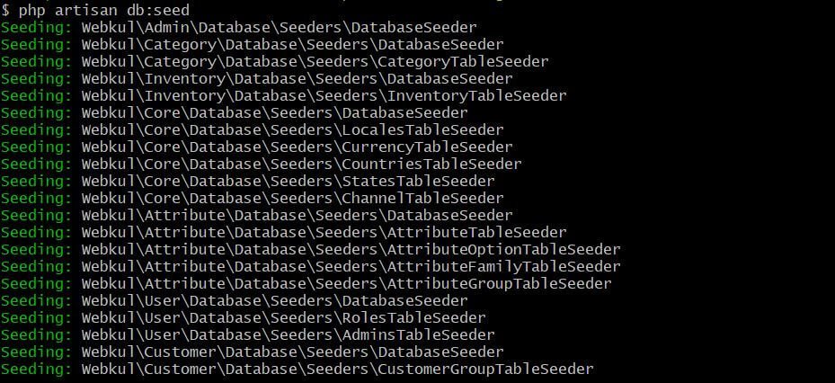 setup bagisto laravel ecommerce - seed database of test data from seed classes using php artisan db-seed command