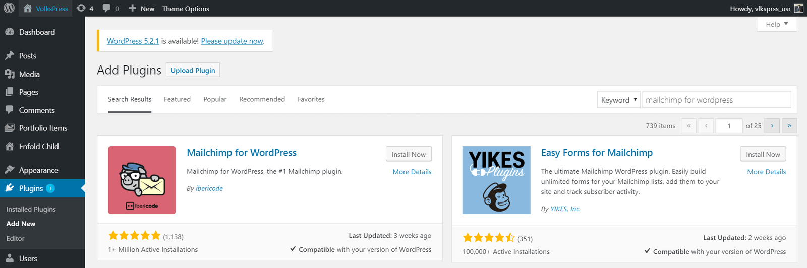 add plugin - add new - mailchimp for wordpress by ibericode - install now