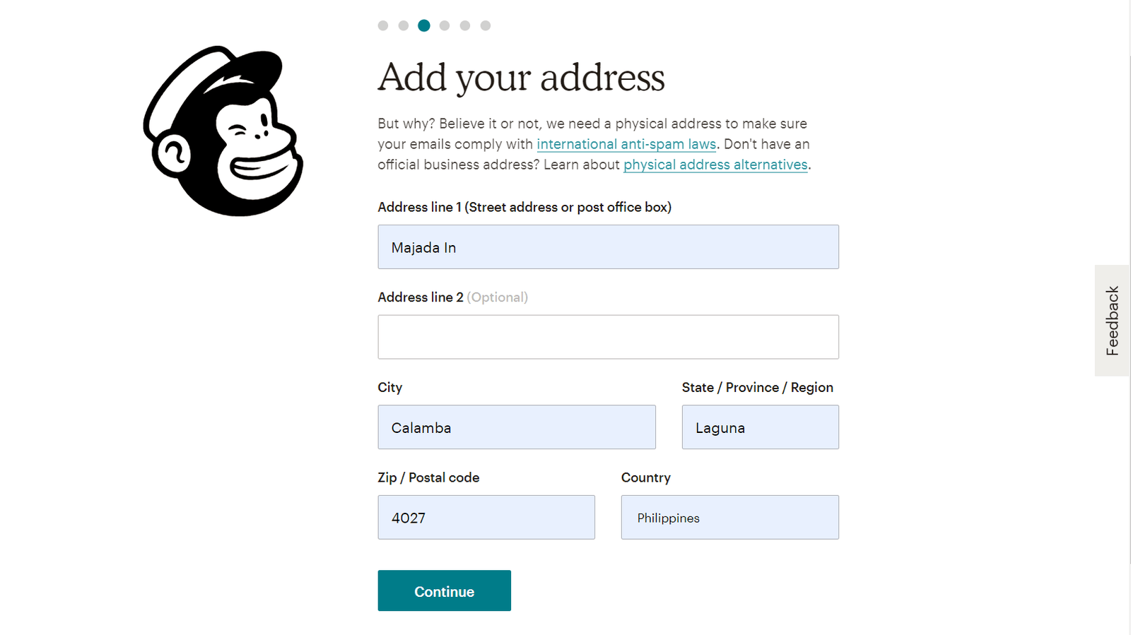 create mailchimp account - provide address