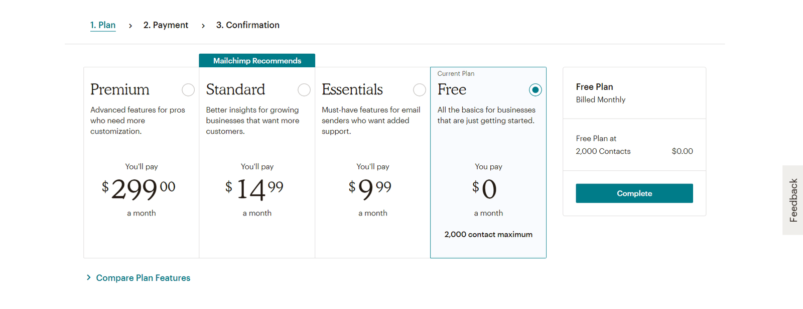 create mailchimp account - plan selector - select plan - select free