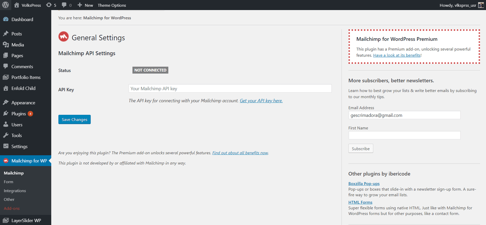 mailchimp for wordpress - mailchimp API settings - not connected