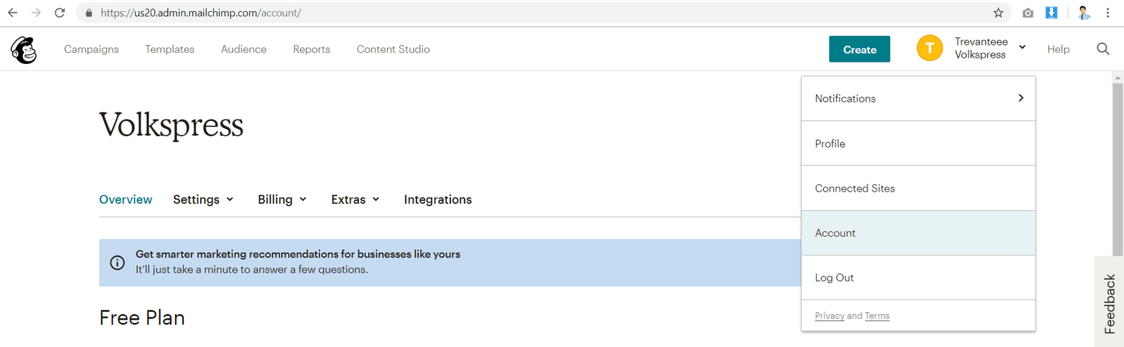 mailchimp - navigate to account