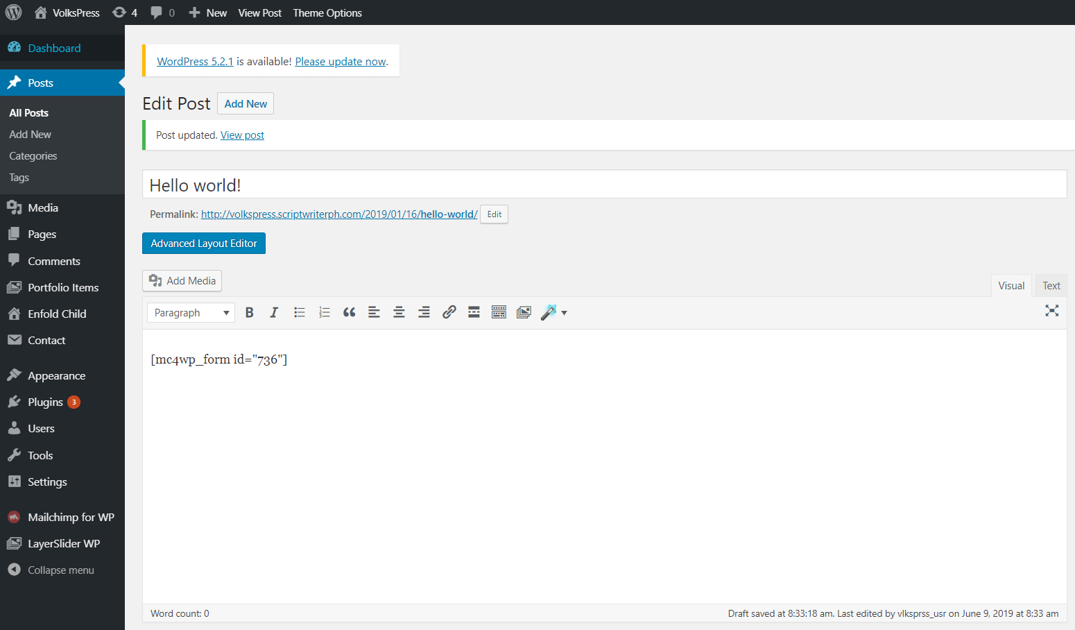 Add your Mailchimp form in a post