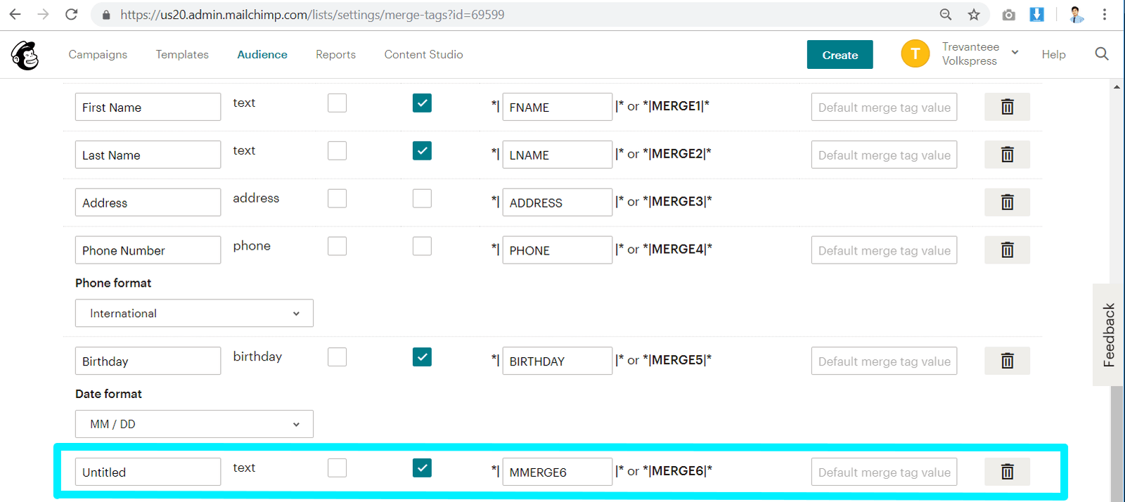mailchimp - add custom field - new field added