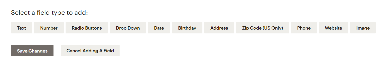 mailchimp - add custom field - select a field type to add
