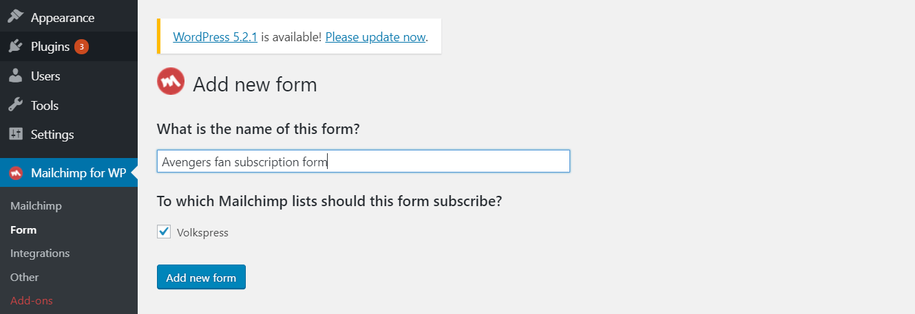 mailchimp for wordpress - add new form