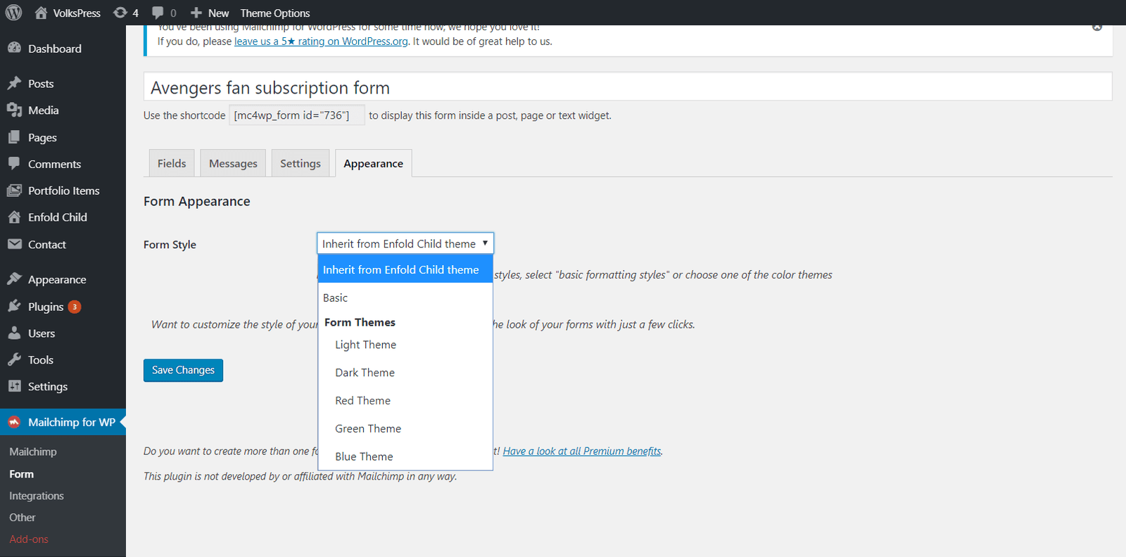 mailchimp for wordpress - form - appearance tab - select form style
