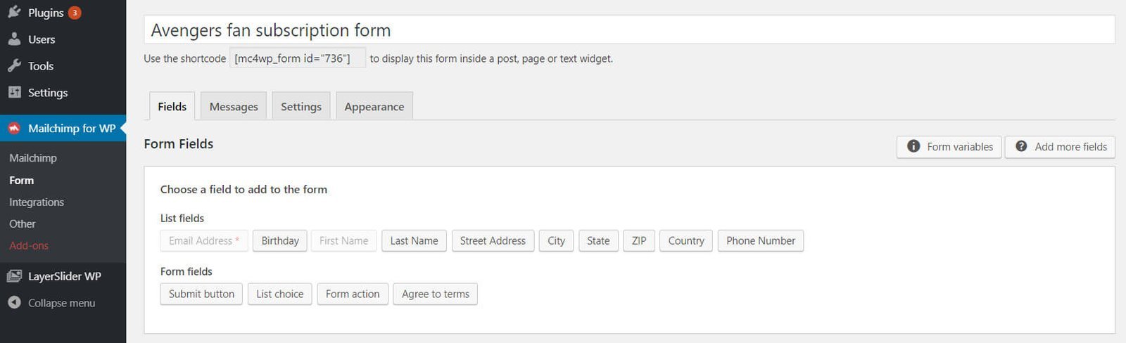 mailchimp for wordpress - forms - edit form - fields tab