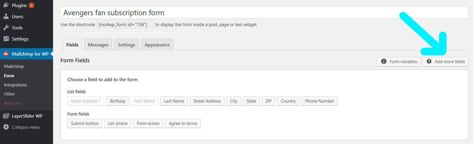 mailchimp for wordpress - forms - edit form - fields tab - add more fields