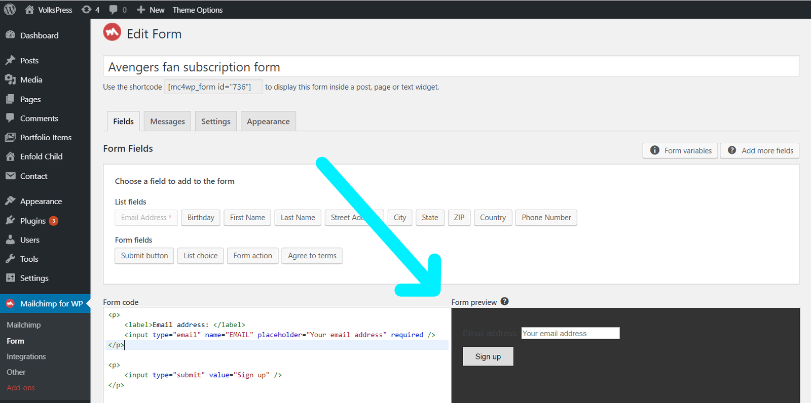 mailchimp for wordpress - forms - edit form - fields tab