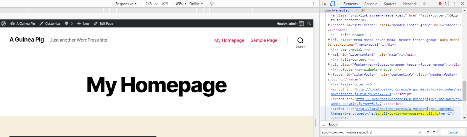 enqueue scroll-to-div-on-mouse-scroll.js