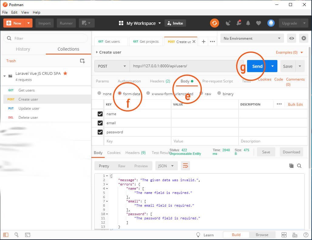 Laravel Vue JS CRUD SPA - try create user API using Postman - configure Body settings key value