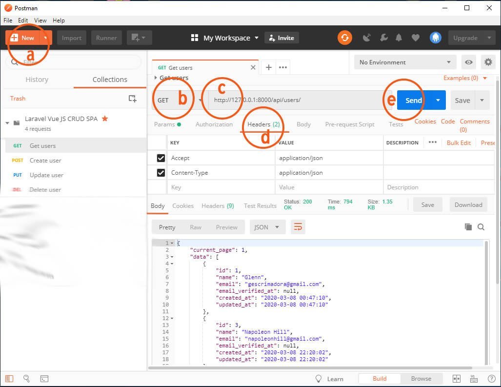 Laravel Vue JS CRUD SPA - try get users API using Postman