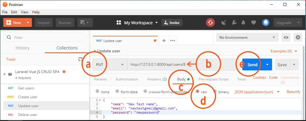 Laravel Vue JS CRUD SPA - try update user API using Postman