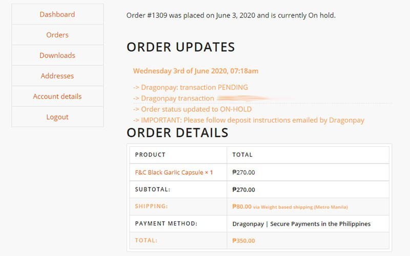 DragonPay - my account - orders updates