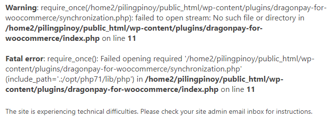 Warning require_once wp-content plugins dragonpay-for-woocommerce synchronization.php failed to open stream No such file or directory in index.php on line 11