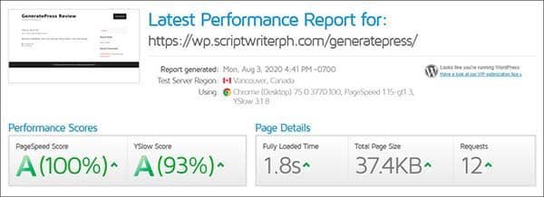 GeneratePress Review - GTMetrix - performance score - page speed, yslow, load time, page size, number of requests