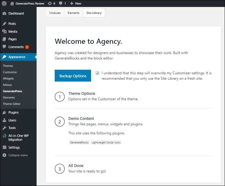 GeneratePress - features and functionalities - Site Library - import demo website