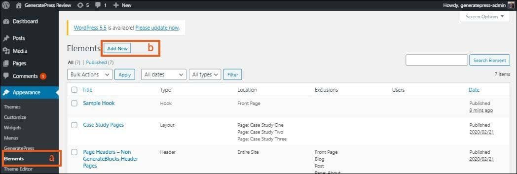 GeneratePress - features and functionalities - hooks element - add new hook