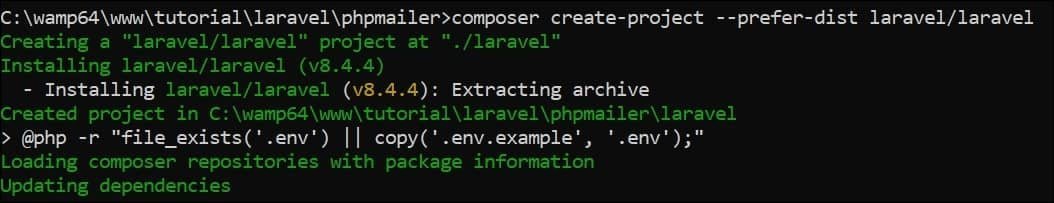 Create laravel project using composer create-project --prefer-dist laravel-laravel command