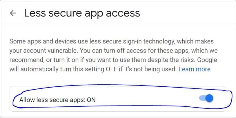 Enable less secure app access in gmail