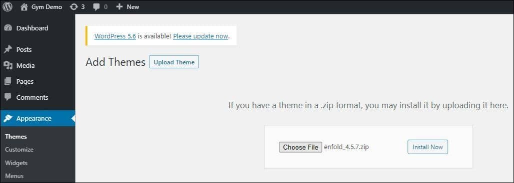 Click Upload Theme, click Choose File, locate and select Enfold zip, click Install Now