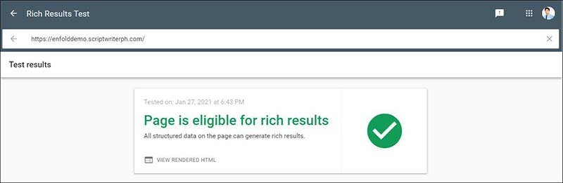 Enfold Structured Data is valid and is eligible for rich results as per Google Rich Result Test