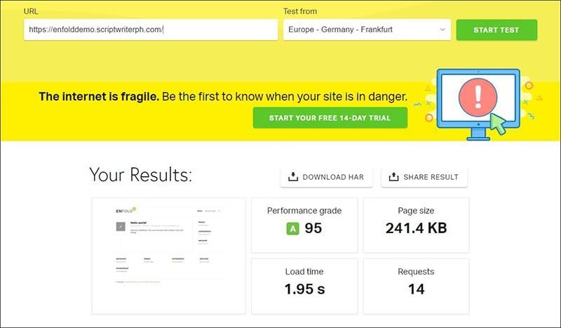 Enfold theme review - Enfold scores 95 on Pingdom tools