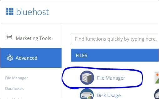 Go to File manager (on Bluehost it can be found under Advanced Files section