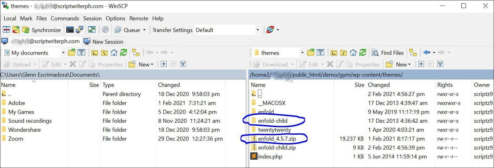 Install Enfold child theme via FTP