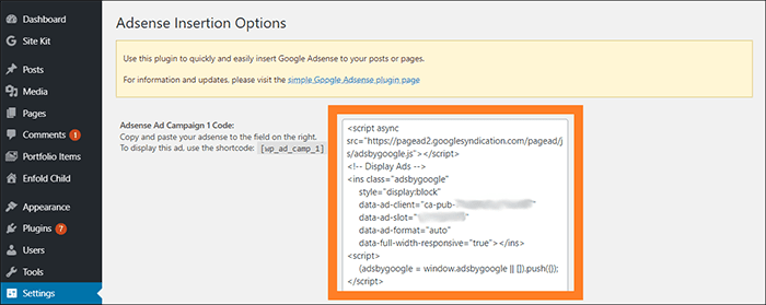 Copy paste Display ad code from AdSense to WP Simple AdSense Insertion Adsense Ad Campaign 1 Code