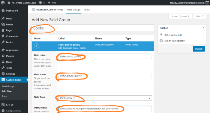 Custom Fields Add new field group slider photo gallery
