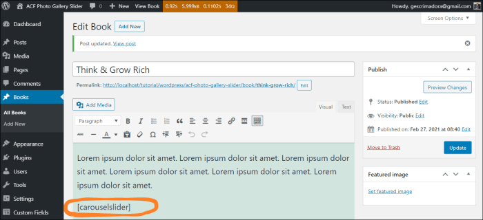 Use carousel slider shortcode paste inside WYSIWYG editor