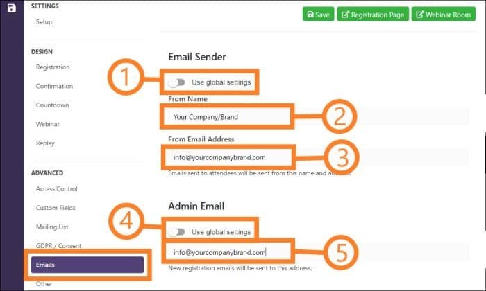WebinarPress Emails change Email Sender and Admin Email
