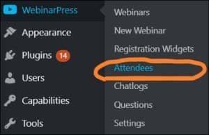 WordPress navigate to WebinarPress Attendees