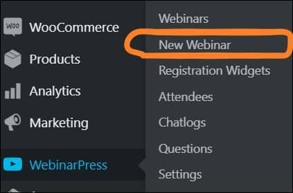 WordPress navigate to WebinarPress New Webinar
